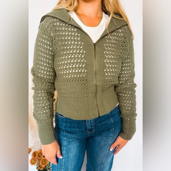 Doe & Rae Sweaters - Doe and Rae Cherished Moment Open Knit Zip Up Cardigan Olive Size Large